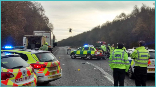 Photo of a road accident scene with police, ambulance and airlift in progress