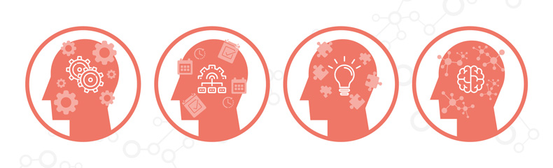 Icons of 4 heads with different thoughts