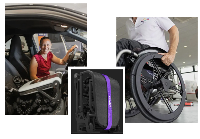 Three photos showing people using the Revolve wheelchair