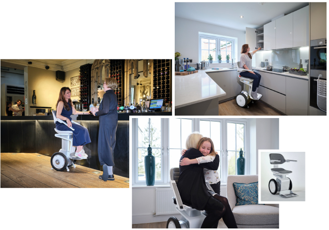 Three photos showing people using the wheelchair centaur