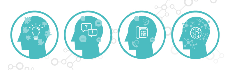 Icons of 4 heads with different thoughts