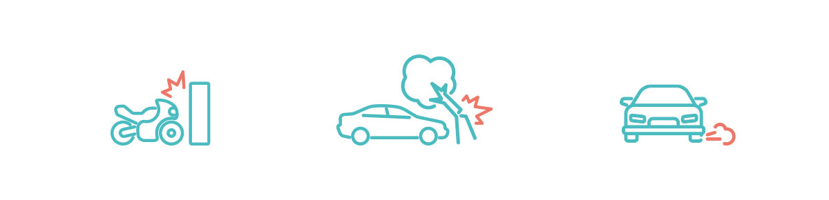 Icons depicting a motorcycle hitting a wall, a car hitting a tree and a car's tyre blowing out